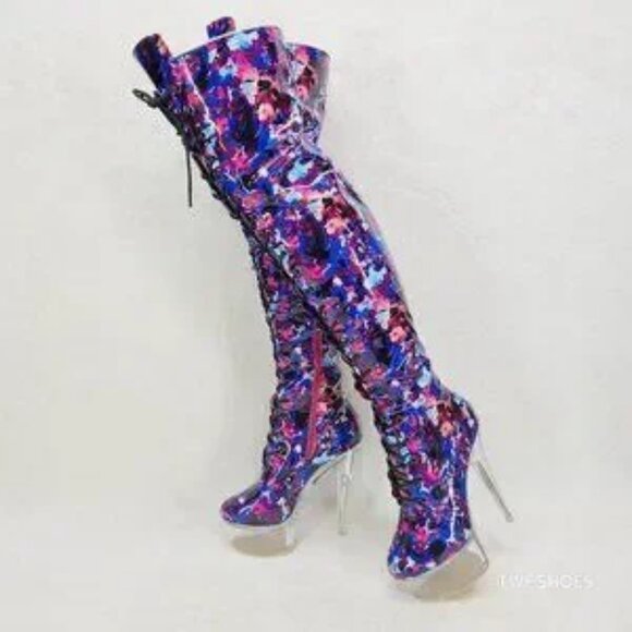 Bulls Multi Color Print Patent OTK Clear Platform High Heel Thigh Boot - Picture 7 of 7